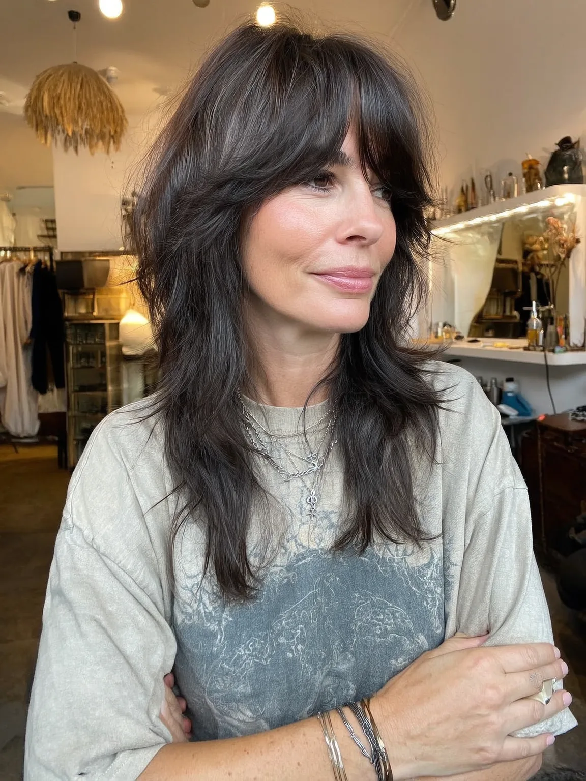 Voluminous Medium-Length Layered Shag with Curtain Bangs